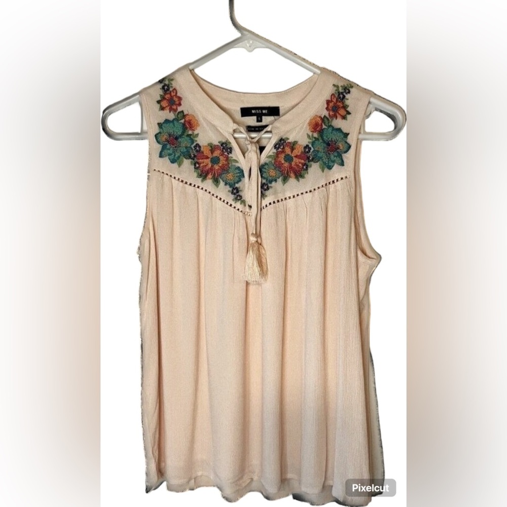 MISS ME women's pink embroidered floral tank top S lined tassels cottagecore - Picture 2 of 10